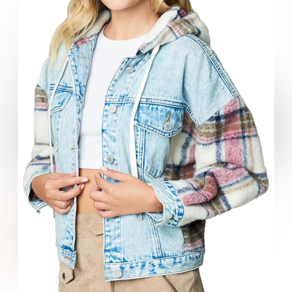 BLANKNYC Blank NYC Denim & Plaid Fleece / Flannel Hooded Jacket Size Large - Picture 12 of 12